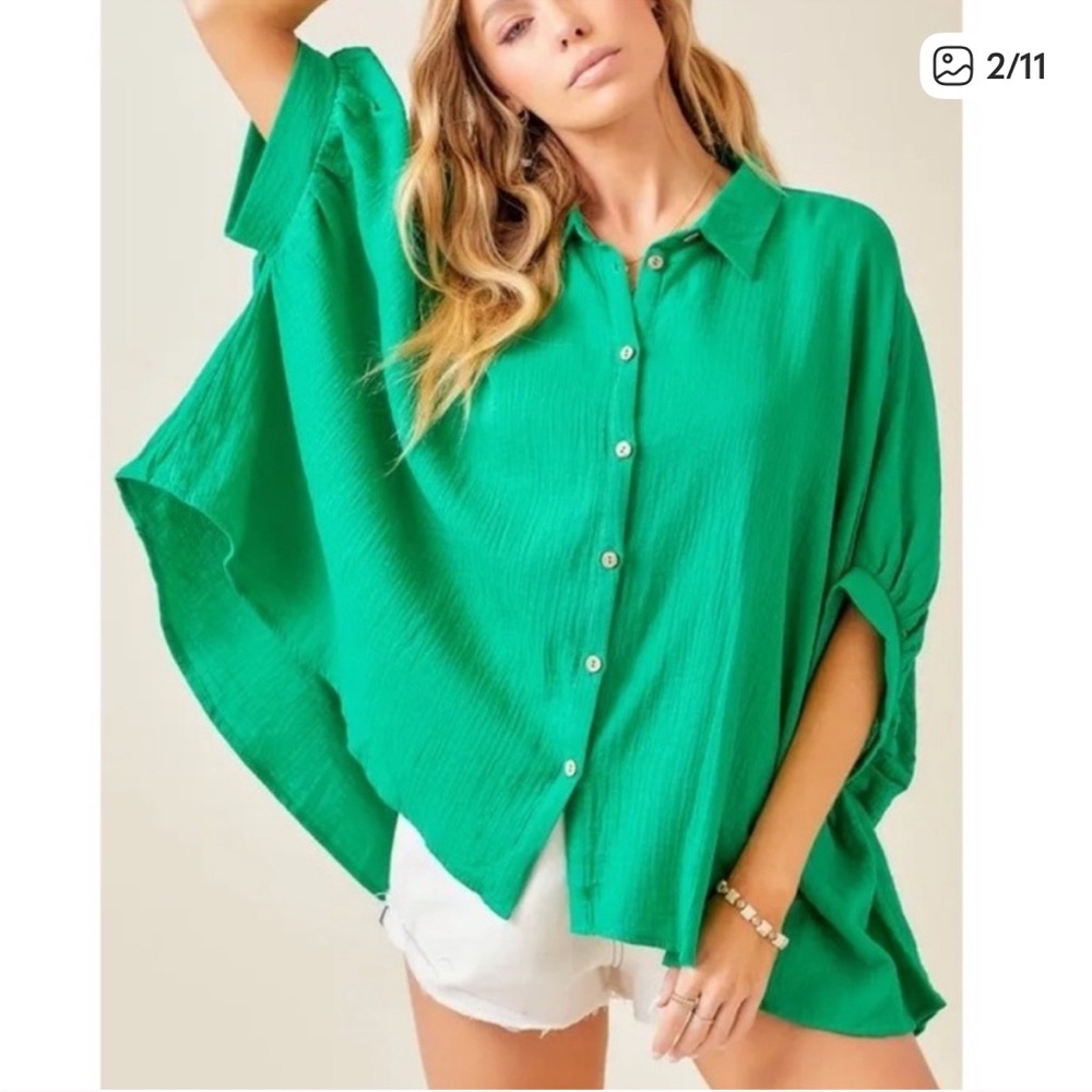 day + moon Kelly Green Flowy Gauze Oversized Button Down Shirt Size Medium